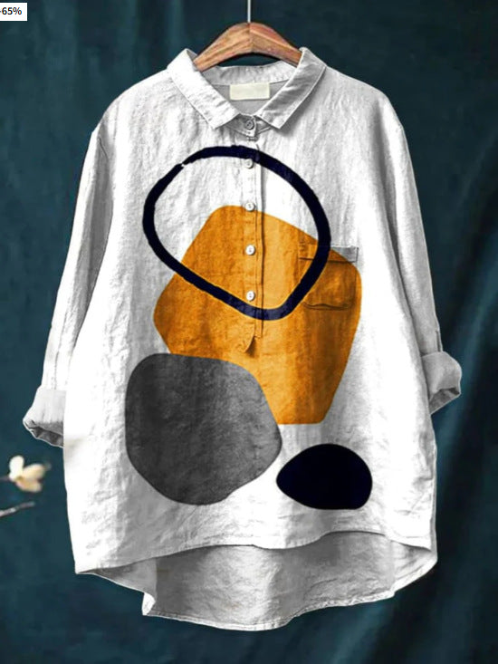 Camicia da donna estiva casual a maniche corte con stampa e colletto, taglia europea