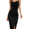Abito da donna elegante con spacco, plissettato, in velluto, con spalline sottili