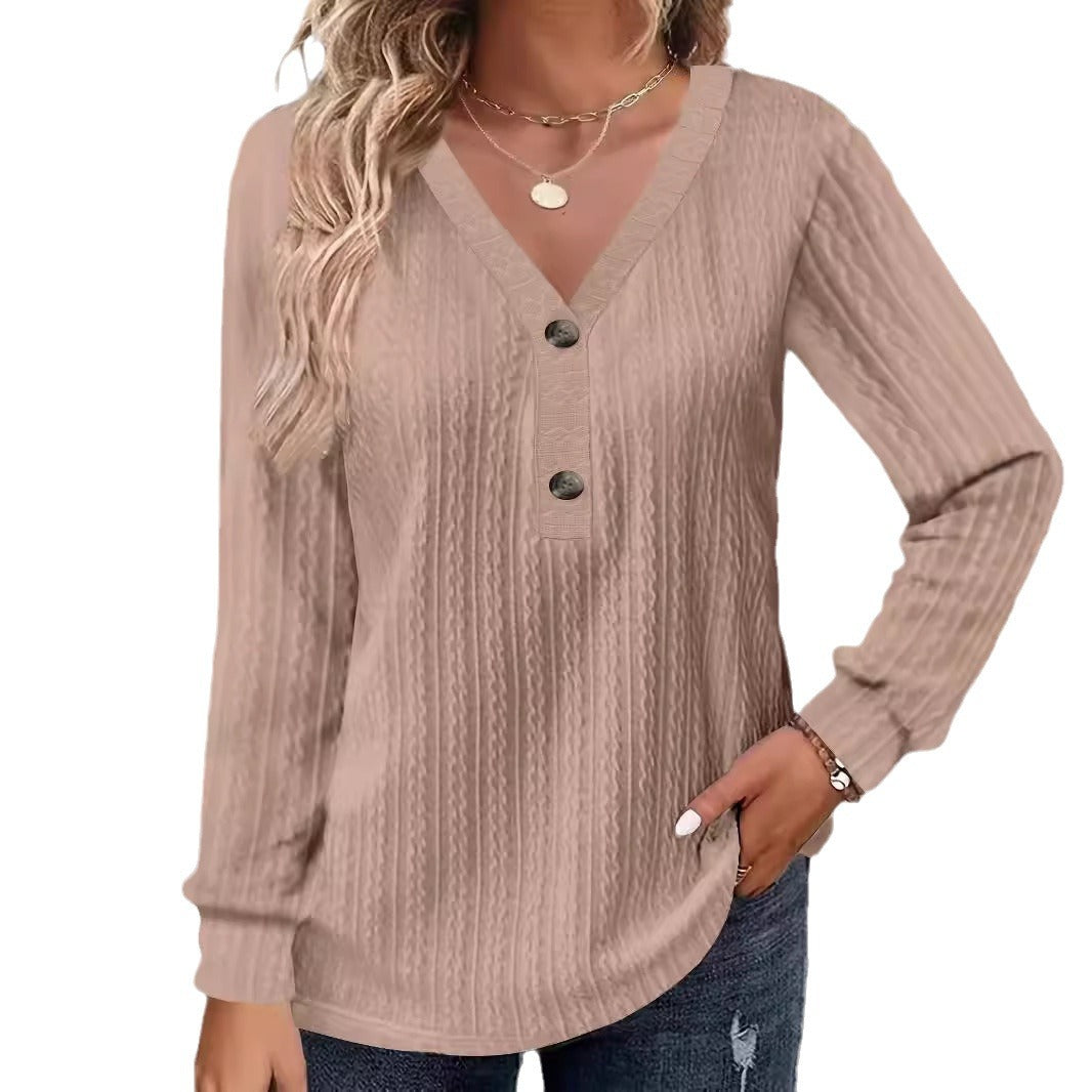 Camicia casual chic a maniche lunghe con scollo a V e bottoni in tinta unita