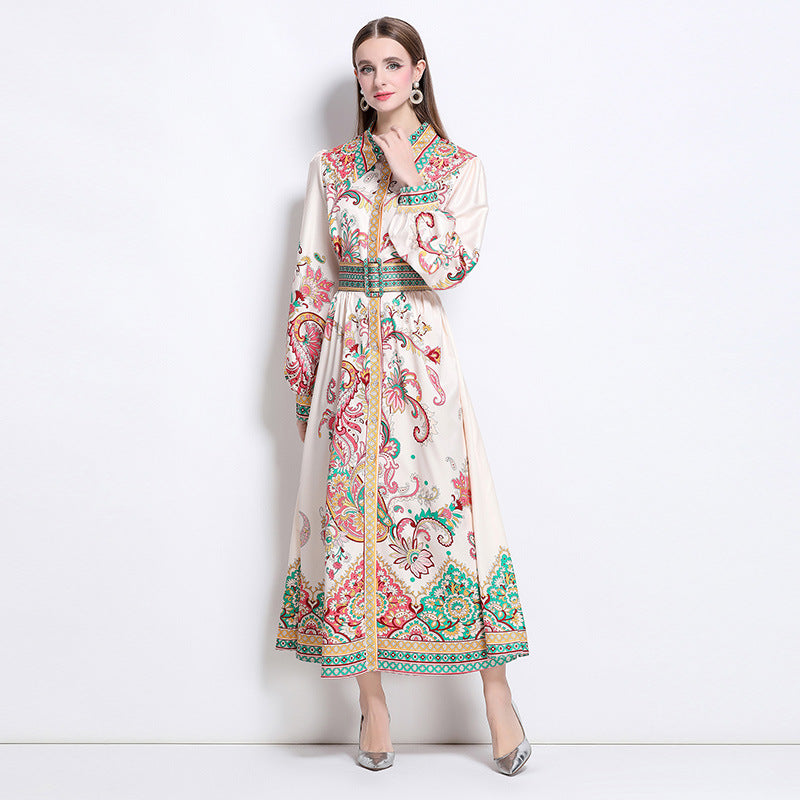 Notch-collar Single-breasted Floral-print Dress