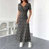 Womens Short-Sleeve Mid-Length Floral V-Neck Dress