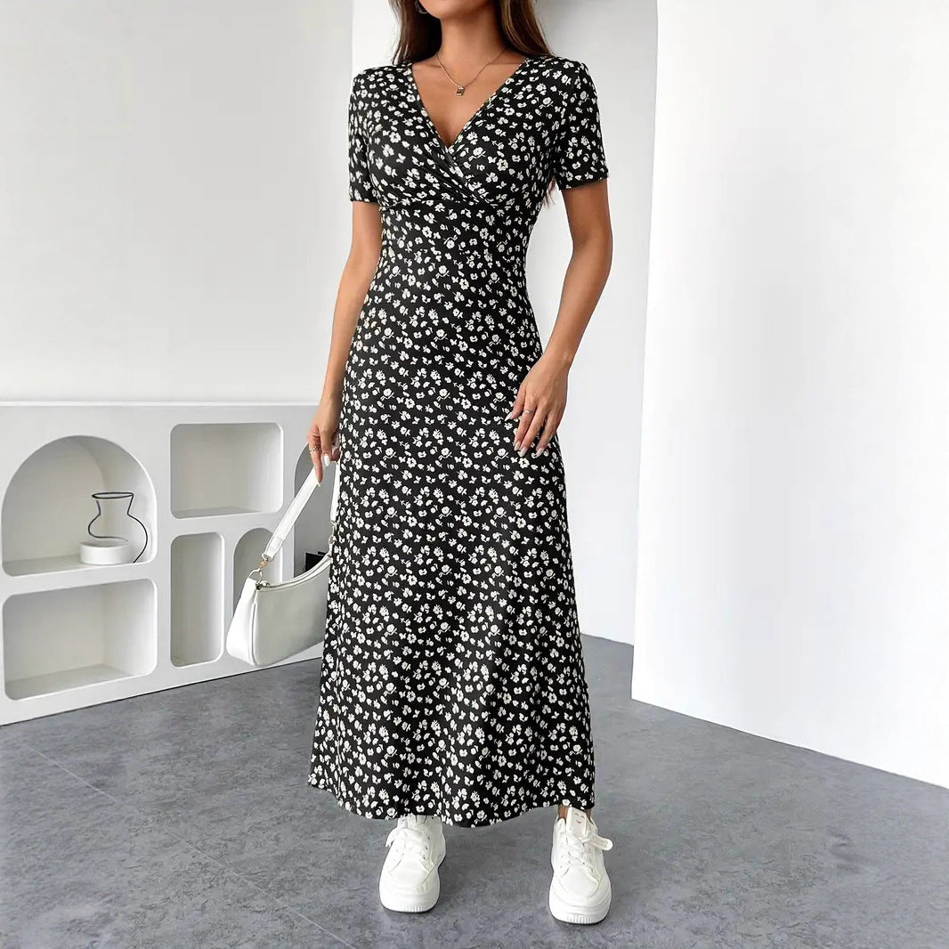 Womens Short-Sleeve Mid-Length Floral V-Neck Dress