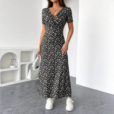 Womens Short-Sleeve Mid-Length Floral V-Neck Dress