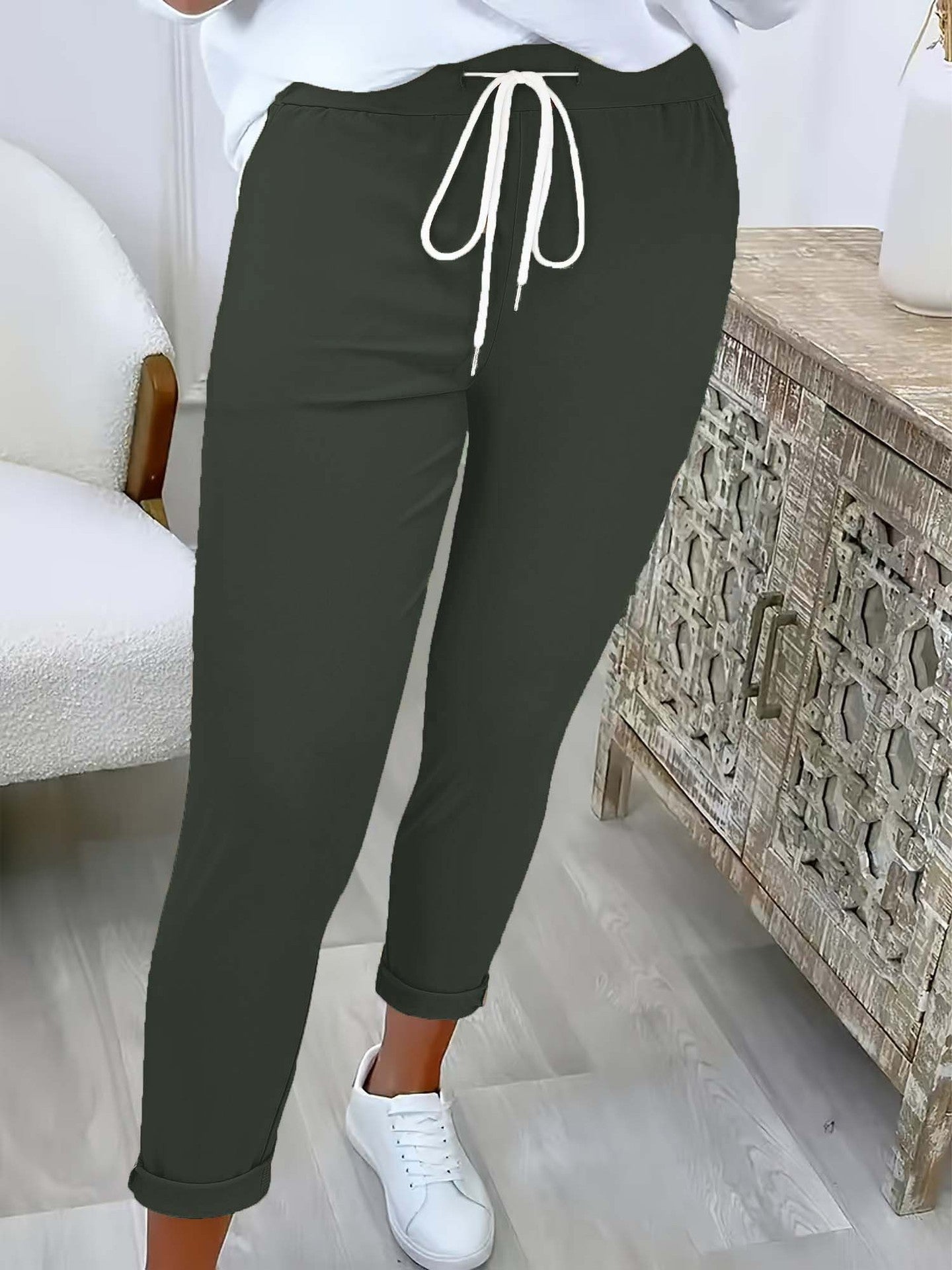 Women's Solid Color Versatile Casual Trousers With Belt And Slim Cuffs