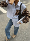 Nuovo top camicia patchwork con stampa leopardata dalla vestibilità morbida