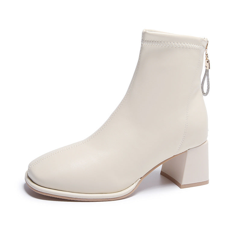 Fashion Square Toe Chunky Heel Back Zip Ankle Boots