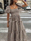 Plaid Square-neck Puffed-sleeve Pleated Dress