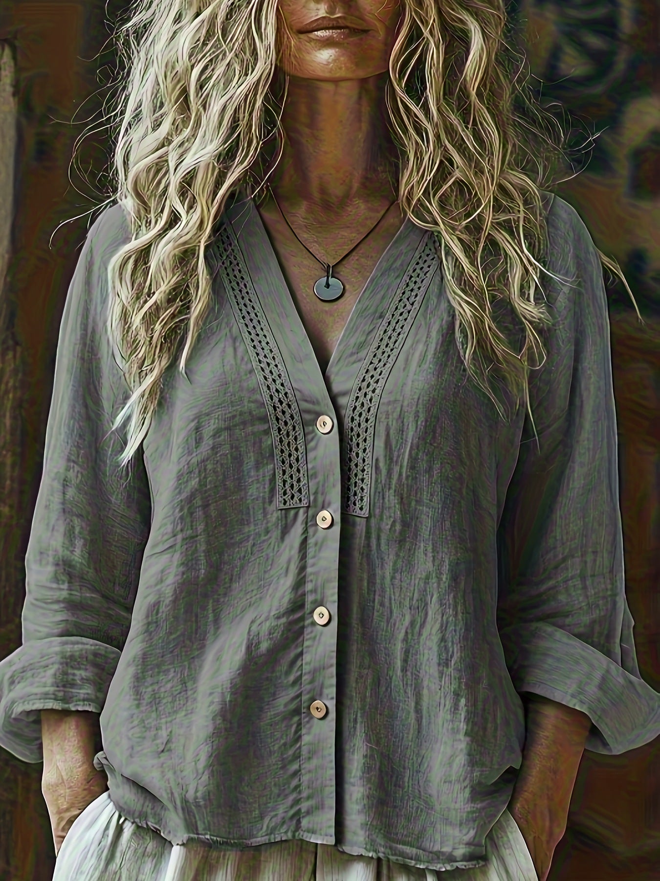 Camicia in lino da donna bohémien con scollo a V