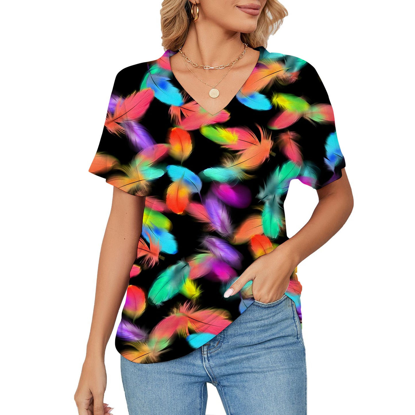 T-shirt da donna, stampa floreale e botanica, maniche corte scollo a V casual