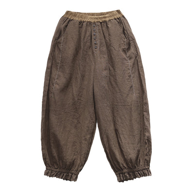Womens Coffee-Colored Artistic And Fashionable Patchwork Linen Carrot Pants
