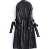 Black Long Tie Double Breasted Leather Wind Coat