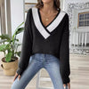 Maglione ampio con scollo a V e patchwork a contrasto di colore