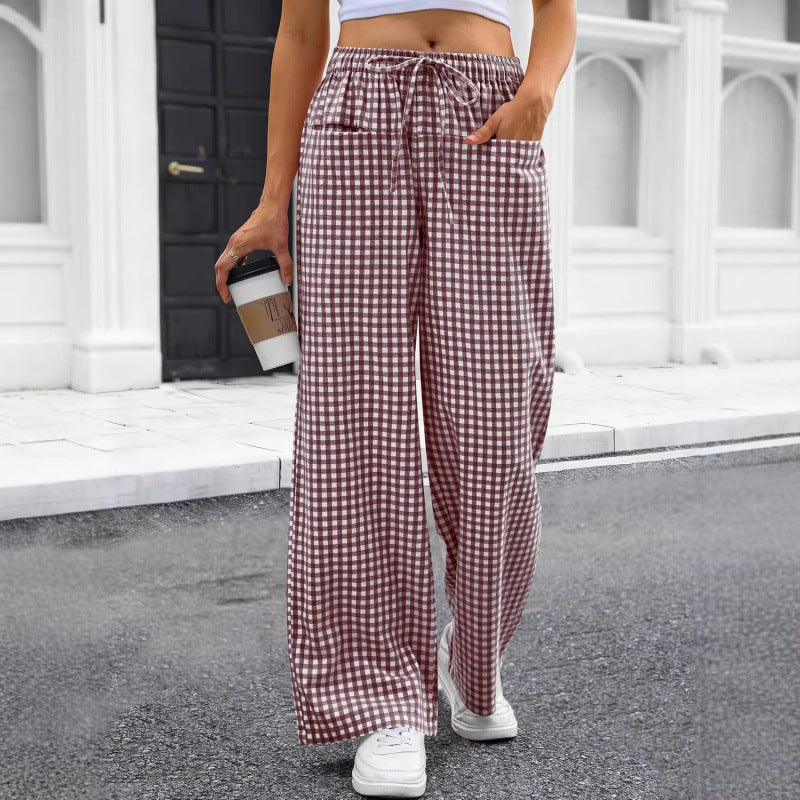 Pantaloni Loungeleisure Gessati a Vita Alta con Gamba Larga e Coulisse