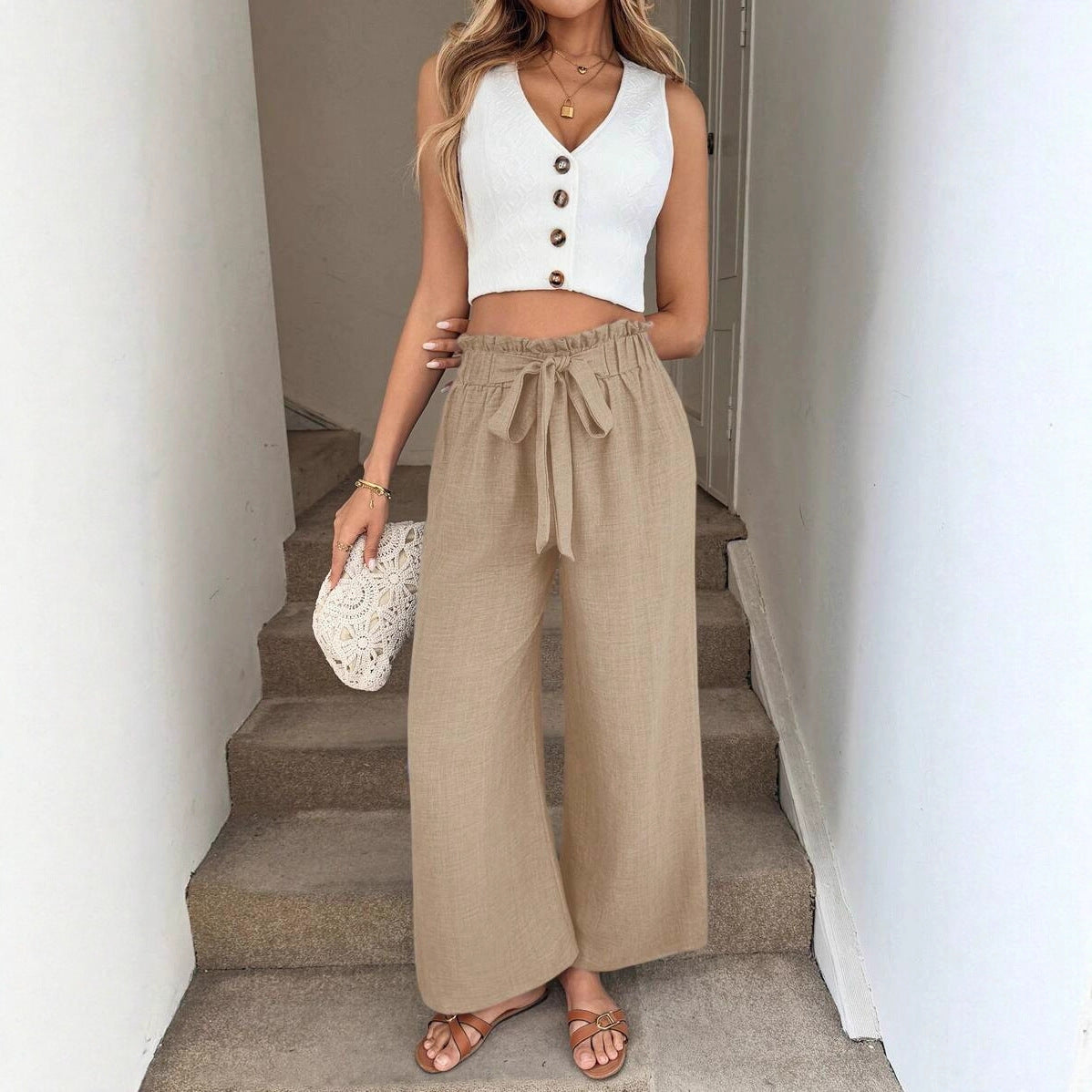 Pantaloni Larghi Casual da Resort con Fascia in Vita a Fiocco