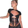 Sexy Lace Stitching Short Sleeve Hollow-out Top High Waist Straight Bootcut Pants Suit