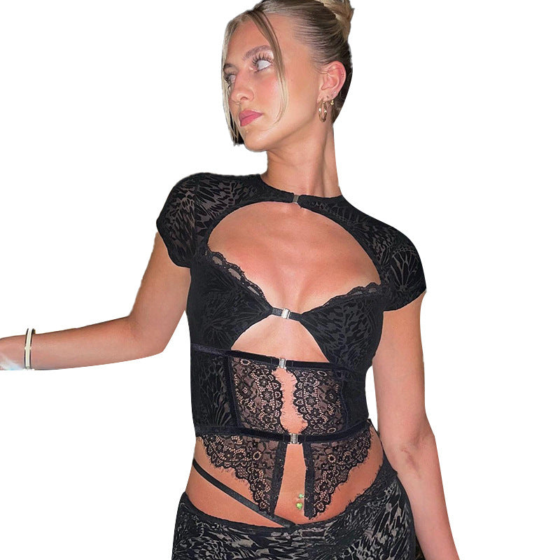 Sexy Lace Stitching Short Sleeve Hollow-out Top High Waist Straight Bootcut Pants Suit