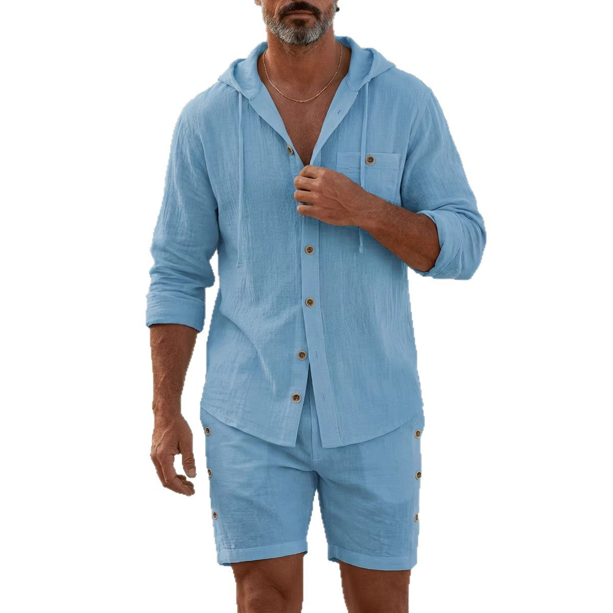 Completo due pezzi da uomo camicia a maniche lunghe con cappuccio e pantaloncini, per tutte le stagioni
