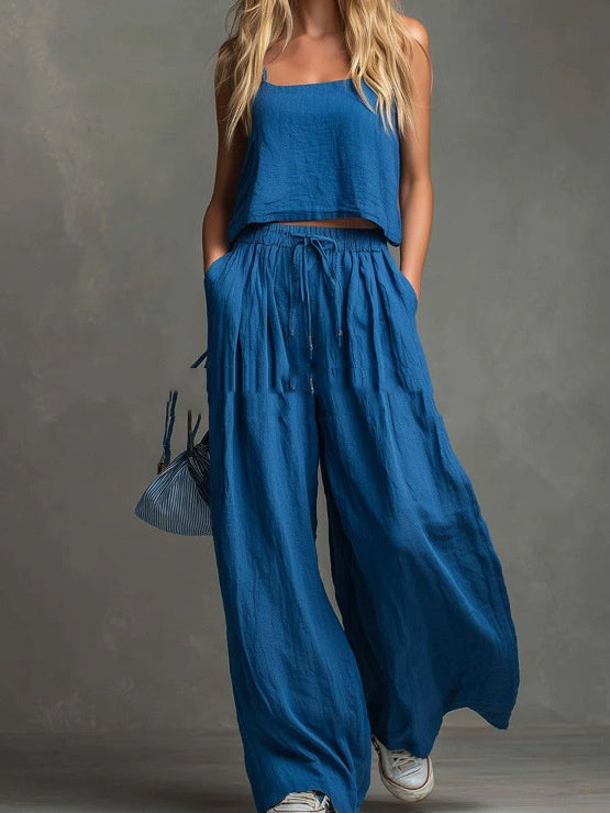 Womens Two-piece Set Loose-fitting Vest And Wide-leg Pants