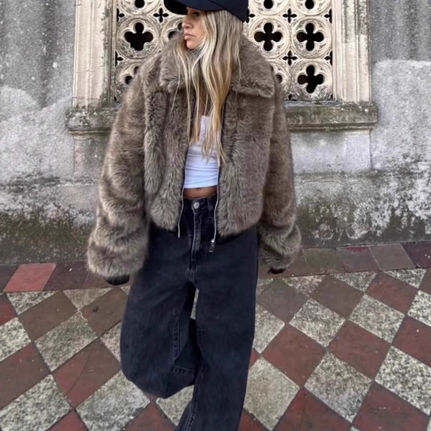 Women's Fashion Color Contrast Fur Coat