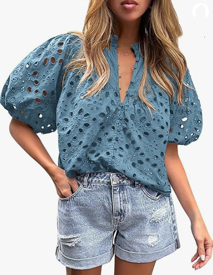 Top da donna casual elegante in pizzo traforato