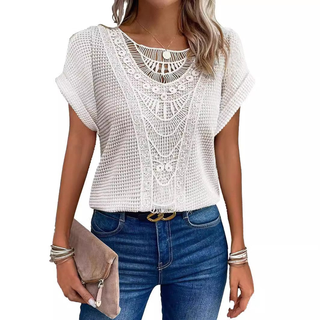 T-shirt a maniche corte taglie forti con patchwork di pizzo traforato, sito indipendente, transfrontaliero