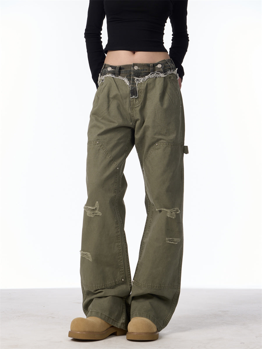 Ripped Cargo Jeans Straight Logging Casual Trousers