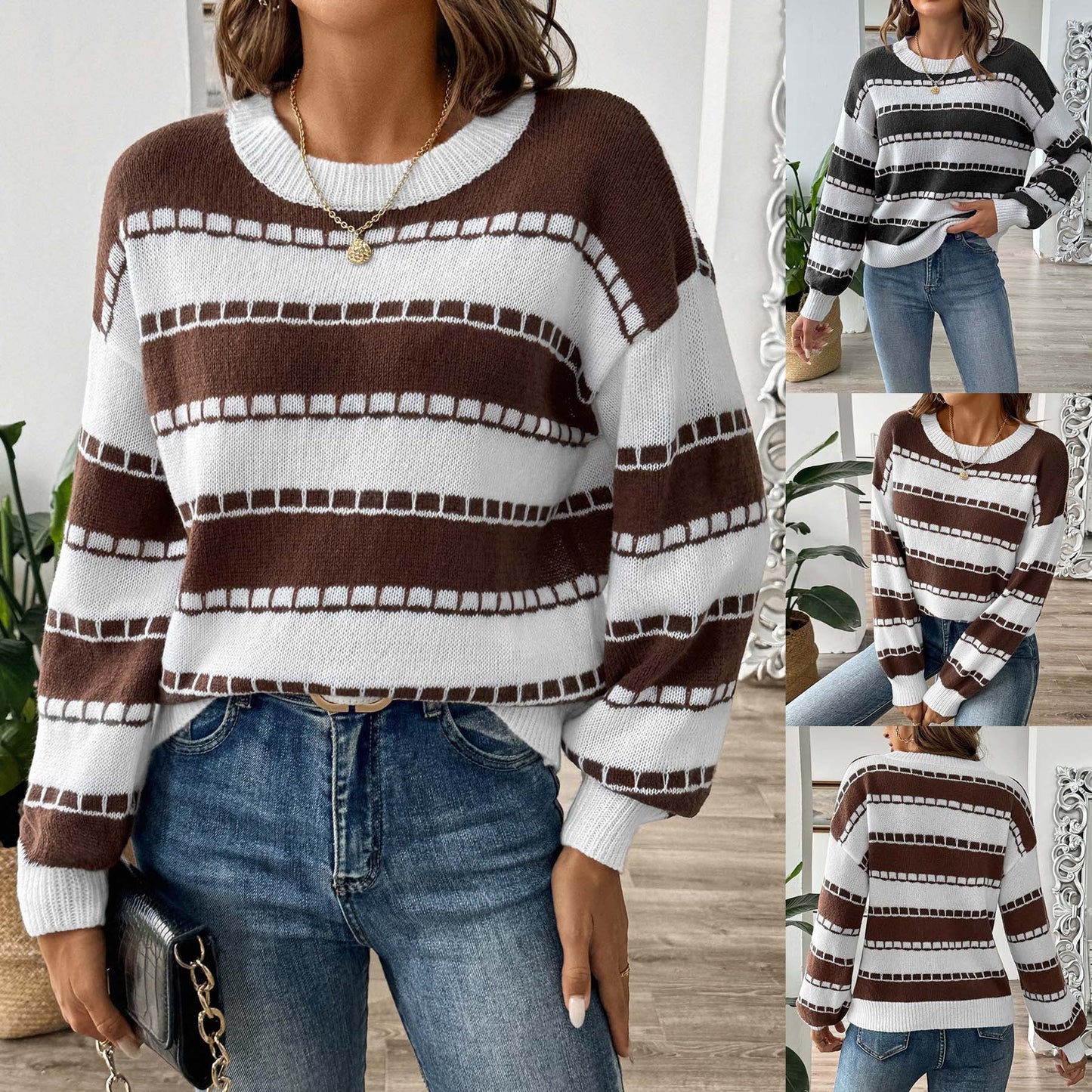 Women's Base Shirt Striped Colored Pullover Casual Sweater