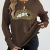 Female Leopard Print Embroidered Sequins Lips Personality Crew Neck Pullover Sweater