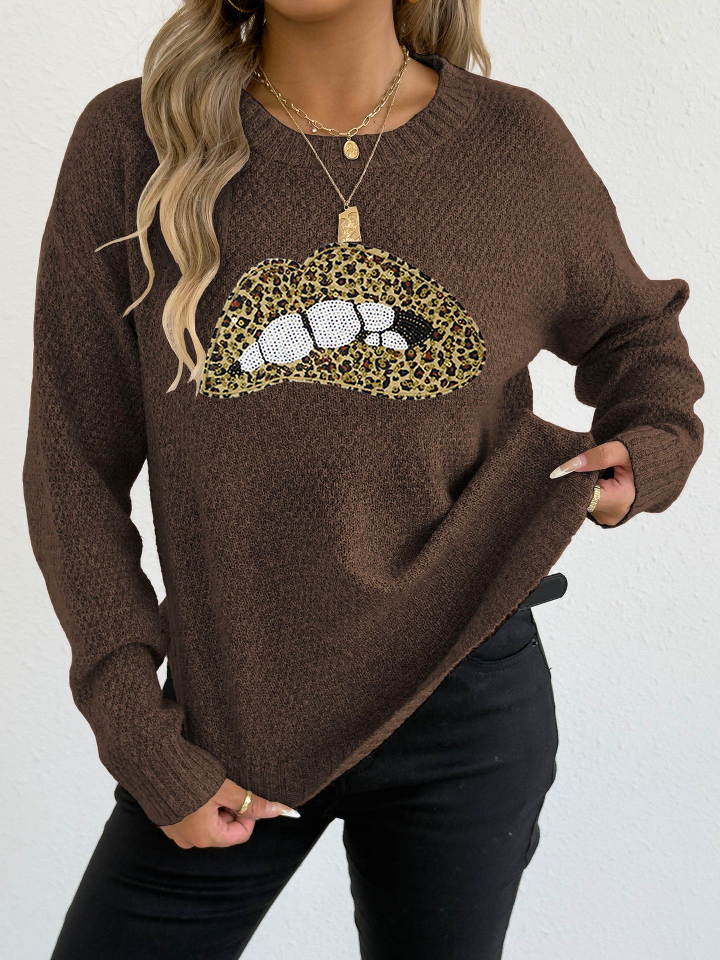 Female Leopard Print Embroidered Sequins Lips Personality Crew Neck Pullover Sweater