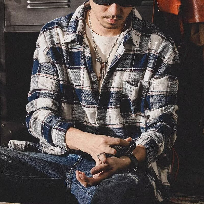 Retro Plaid Shirt Men's Long Sleeve Loose All-matching