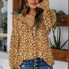 Orange Boho Floral Ruffled Bubble Sleeve V Neck Fall Blouse