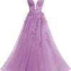 Women's Spaghetti Strap Tulle Long Applique Lace Dress With Long Dress