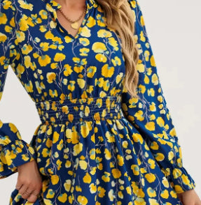 Womens Floral Patchwork Long Sleeve Dress