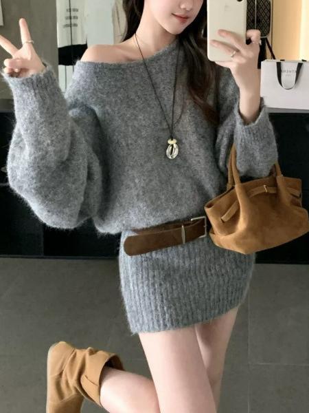 Off-shoulder Loose-fitting Women's Sweater Skirt Casual Knitted Top