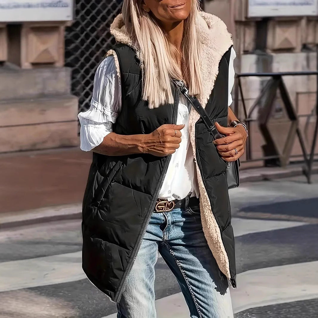 Cardigan gilet elegante con cappuccio e vestibilità slim double face