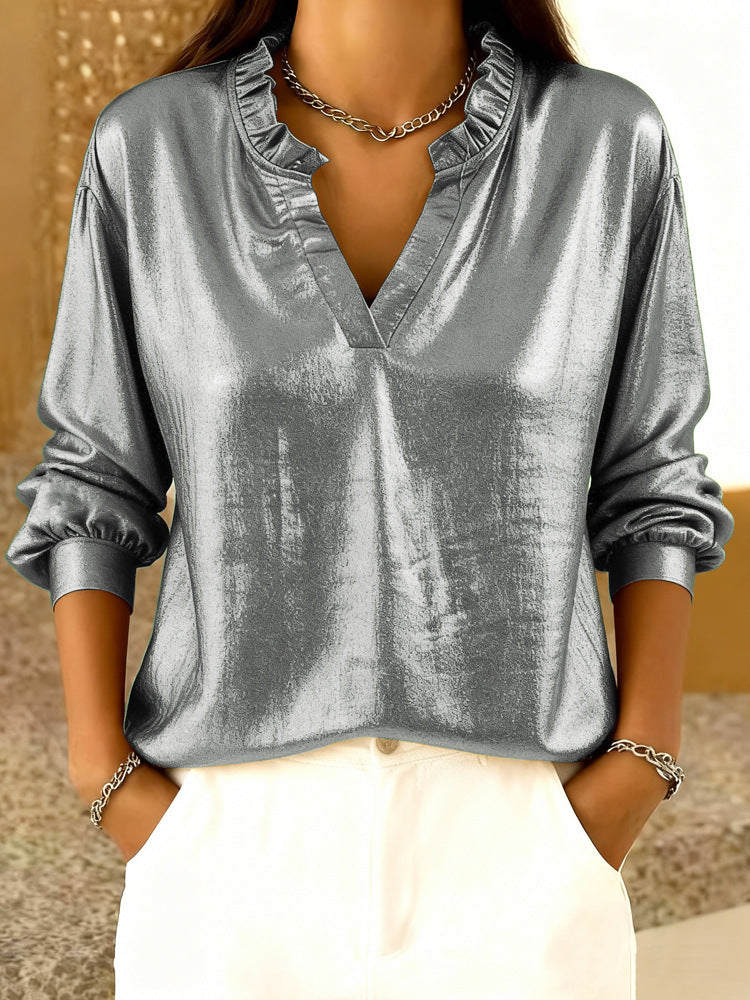Camicia da donna a maniche lunghe a tinta unita, vestibilità ampia, con collo alla coreana