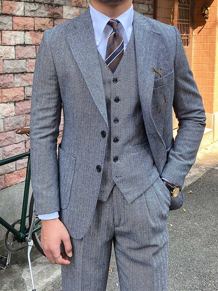 Abiti da uomo slim fit in lana a spina di pesce retrò Autunno Inverno