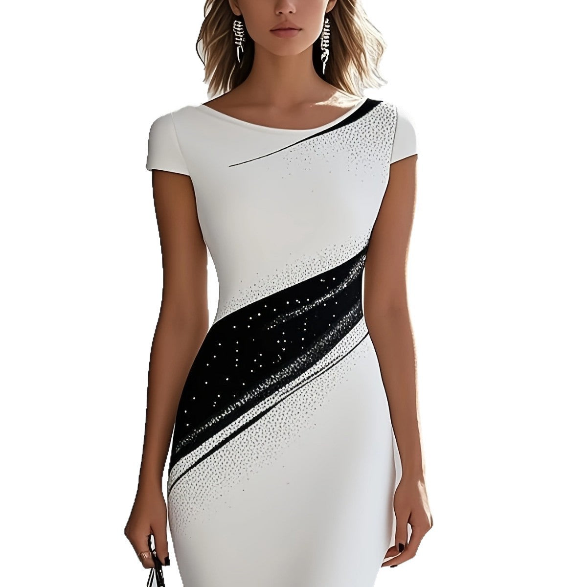 Elegant Black-and-white Contrast Long-sleeve Slim-fit Midi Dress