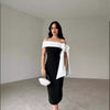Vestito da cocktail elegante da donna, scollato, con fiocco e abbinamento colori bianco e nero