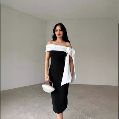 Vestito da cocktail elegante da donna, scollato, con fiocco e abbinamento colori bianco e nero