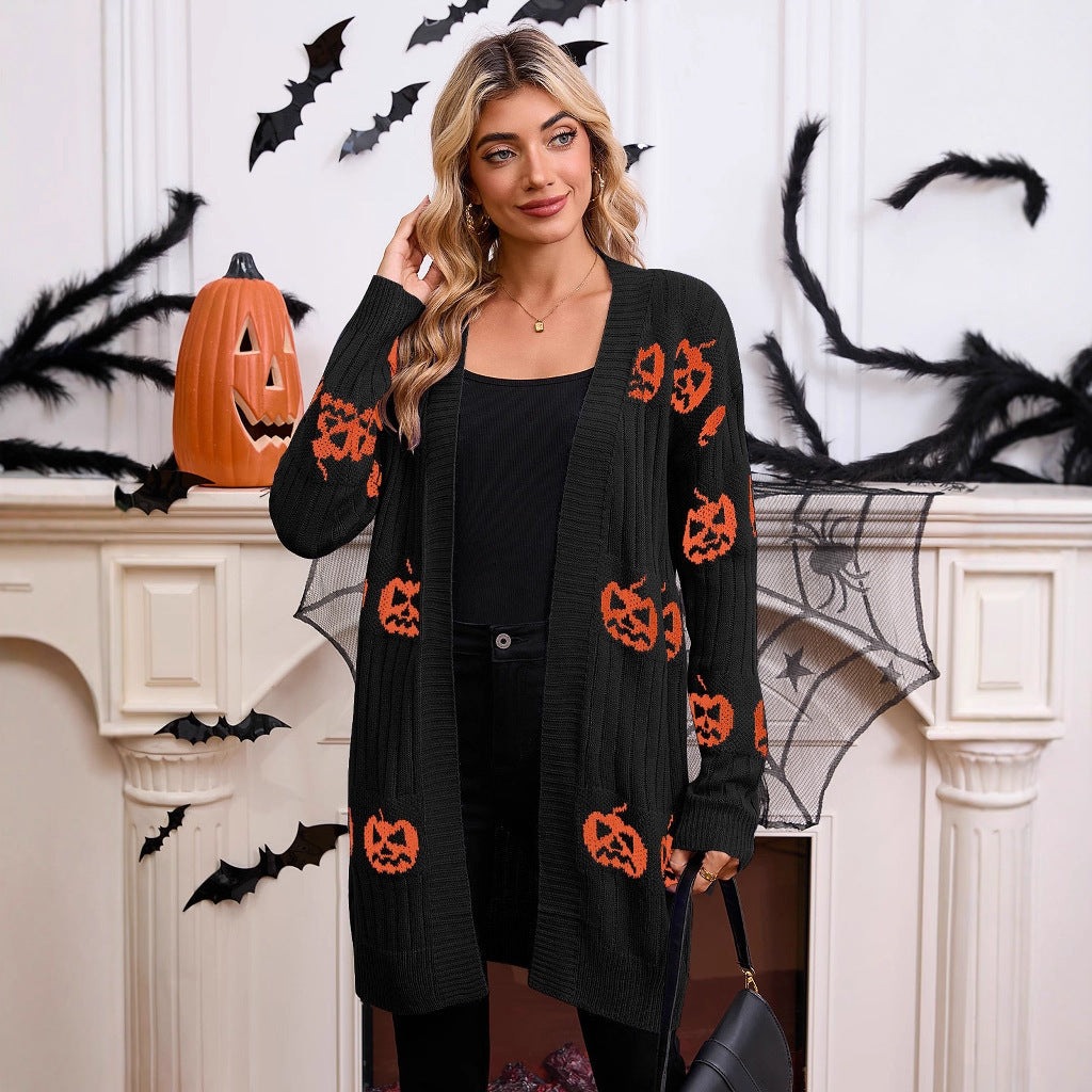 Women's Halloween Pumpkin Head Jacquard Knitted Cardigan Coat Sweater