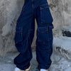 Distressed Wide-leg Workwear High Waist Multi-pocket Jeans