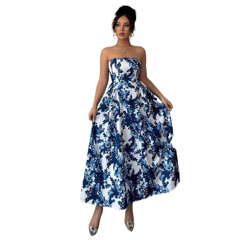 Womens Strapless Printed Casual A Line Dress