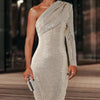 Abito Elegante Monospalla Argento con Paillettes