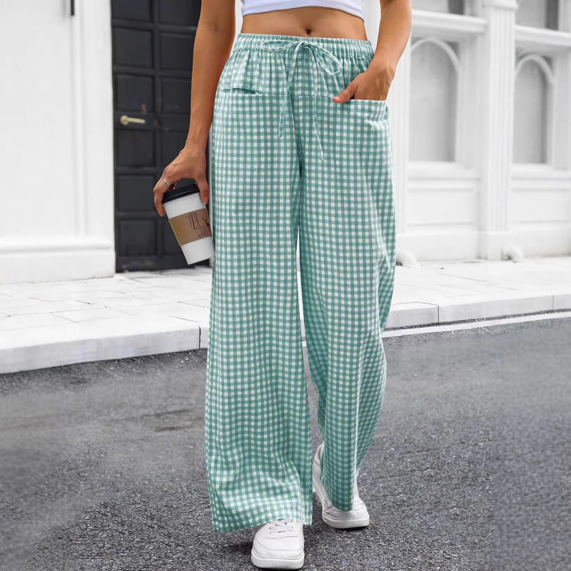 Pantaloni Loungeleisure Gessati a Vita Alta con Gamba Larga e Coulisse