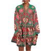 Floral Print Short Bohemian Beach Long Sleeve Button-down Flowy Blouse Dress