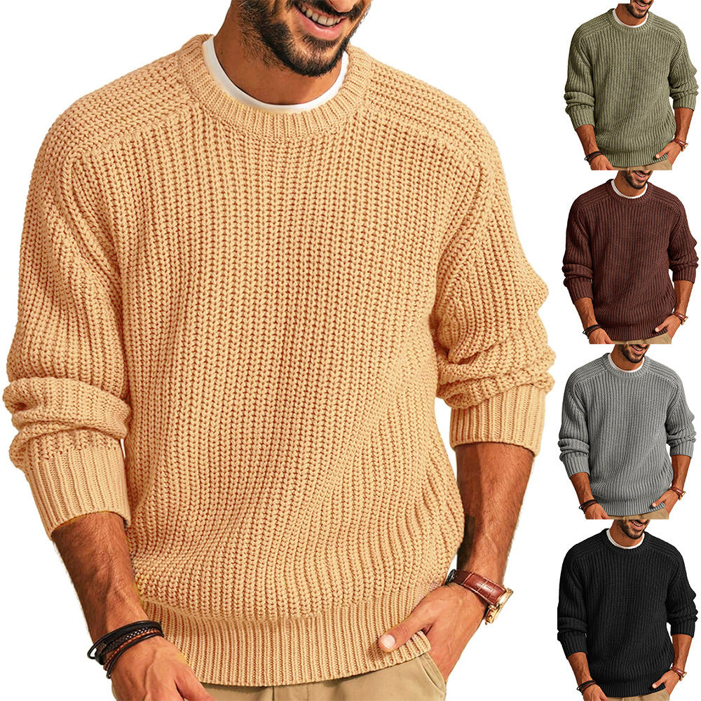Men's Solid Color Long Sleeve Round Neck Fashion Sweater Loose Retro Sweater