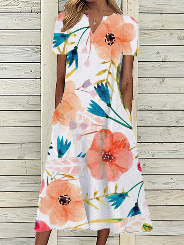Women's Oil Painting Flower V-neck A- Line Dress