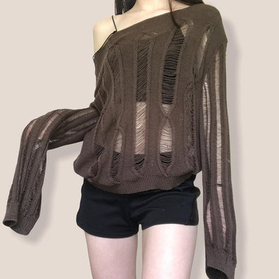 Maglione casual ampio con scollo rotondo e maniche lunghe traforate