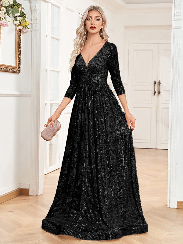 Vestito da sera formale con paillettes, scollo a V, vita alta
